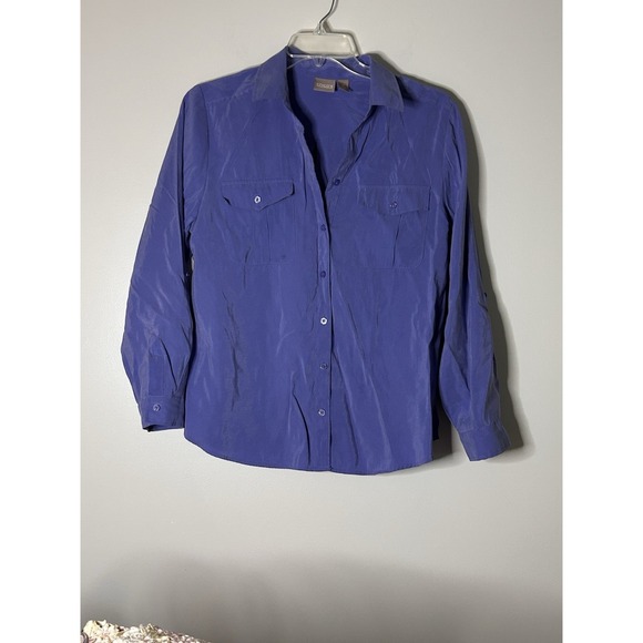 Chicos Sz 2 Purple Modal Cotton Women's Button Up Shirt Roll Tab L/S Pockets - Picture 1 of 6